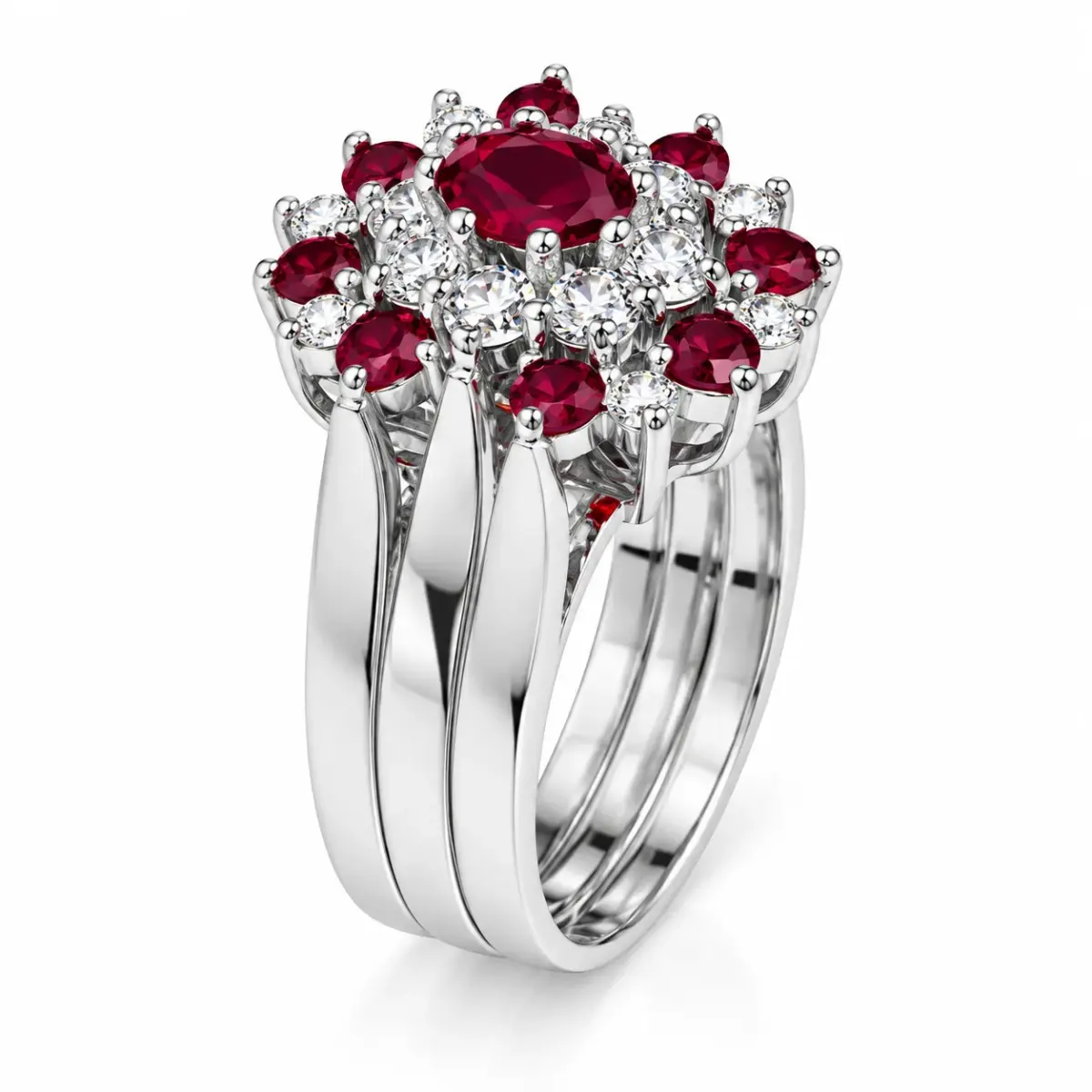 Sterling Silver 3-Piece Red & Clear CZ Oval Cluster Ring Set - R005-925-CZ-RED