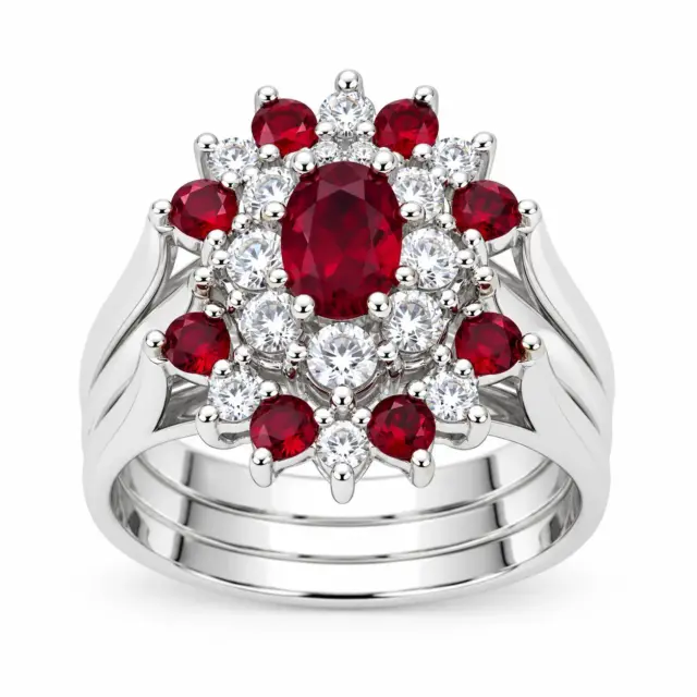 Sterling Silver 3-Piece Red & Clear CZ Oval Cluster Ring Set - R005-925-CZ-RED