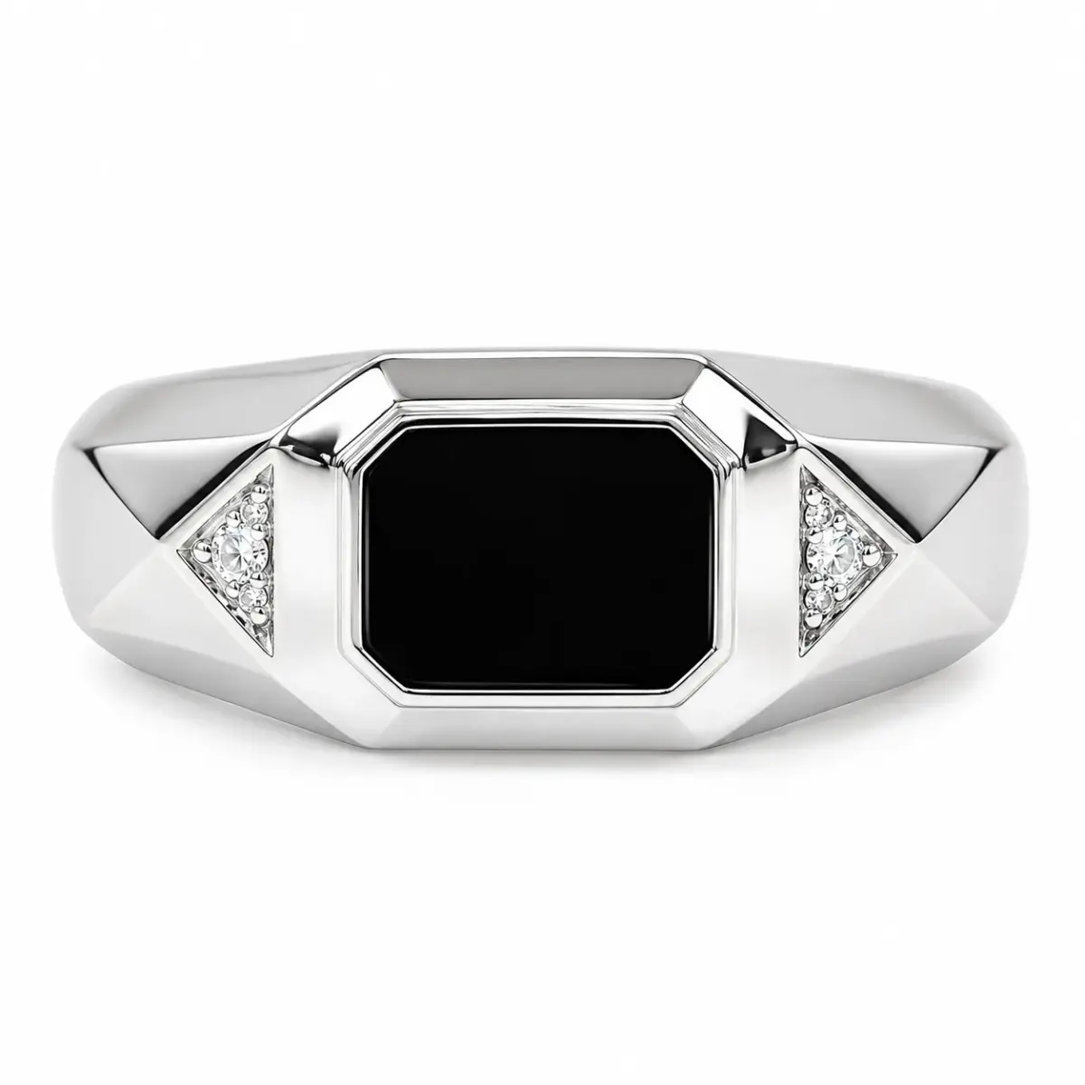 Sterling Silver Black Onyx & Cubic Zirconia Gents Signet Ring - PT2395