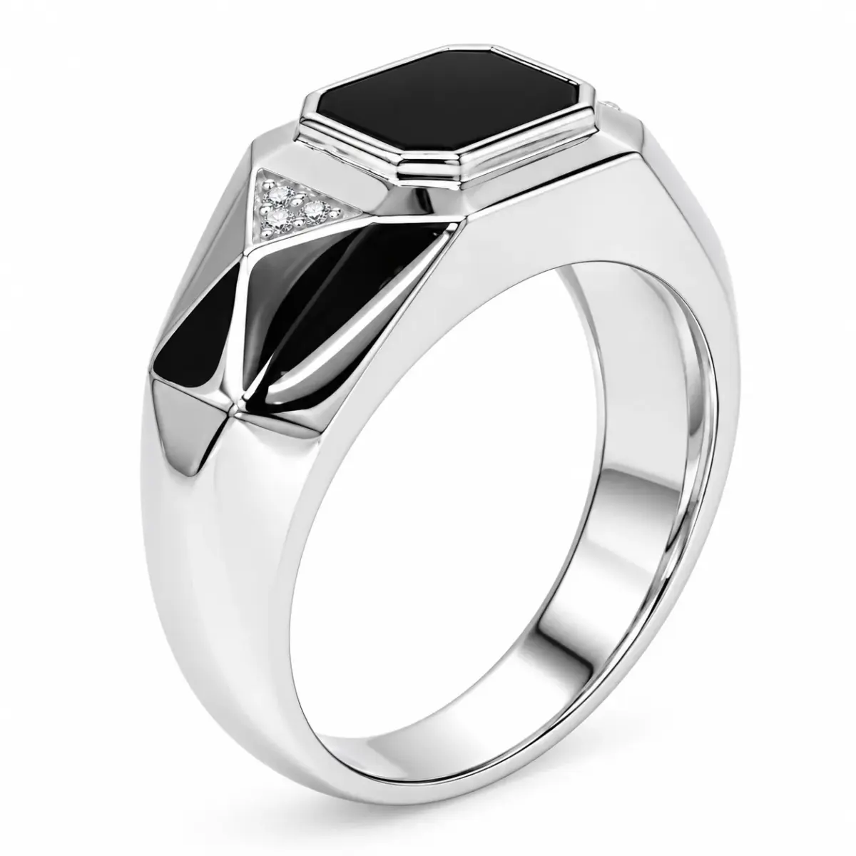 Sterling Silver Black Onyx & Cubic Zirconia Gents Signet Ring - PT2395