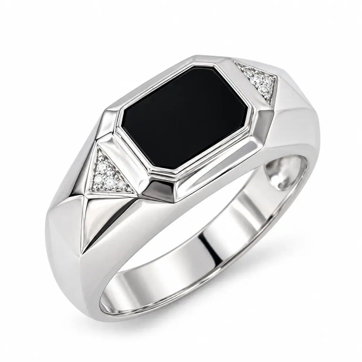 Sterling Silver Black Onyx & Cubic Zirconia Gents Signet Ring - PT2395