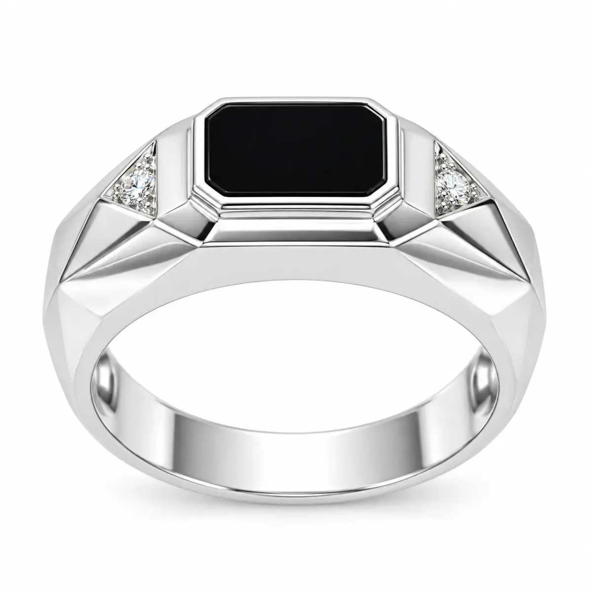 Sterling Silver Black Onyx & Cubic Zirconia Gents Signet Ring - PT2395