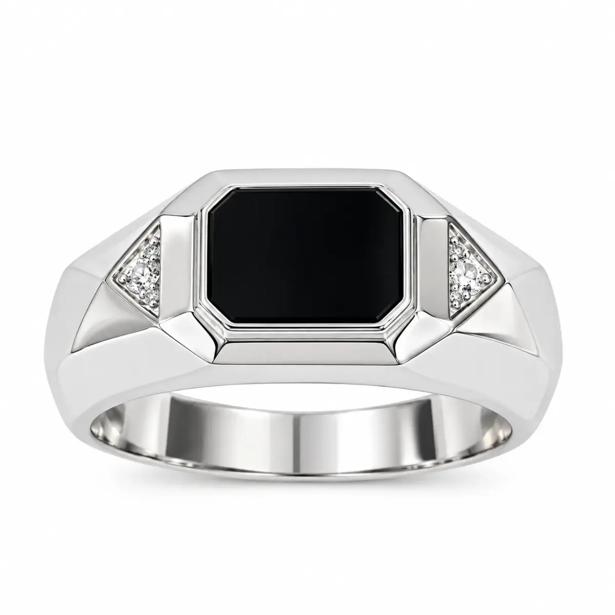 Sterling Silver Black Onyx & Cubic Zirconia Gents Signet Ring - PT2395