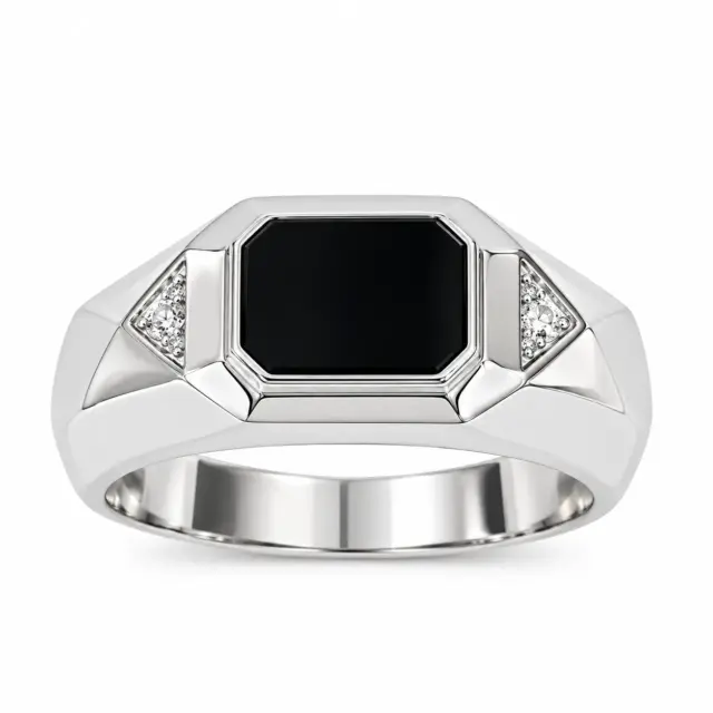 Sterling Silver Black Onyx & Cubic Zirconia Gents Signet Ring - PT2395