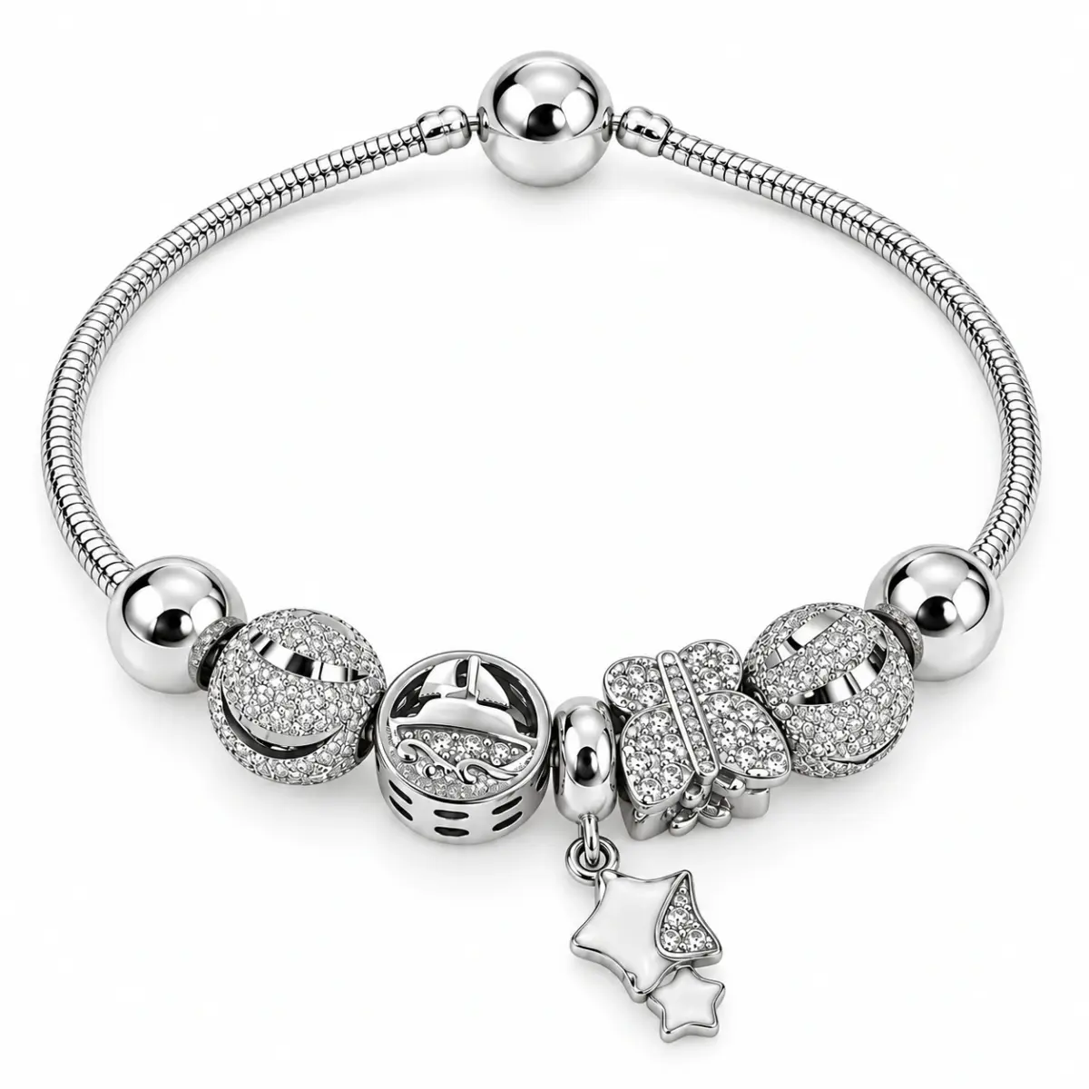 Sterling Silver Butterfly, Sailing & Star Pandora-Style Charm Bracelet – 17.5cm - SSPAN04