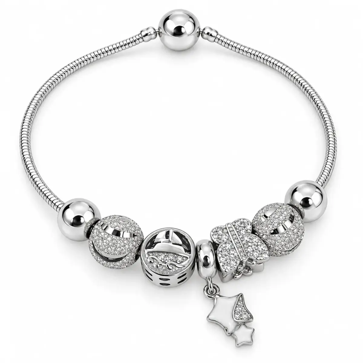 Sterling Silver Butterfly, Sailing & Star Pandora-Style Charm Bracelet – 17.5cm - SSPAN04