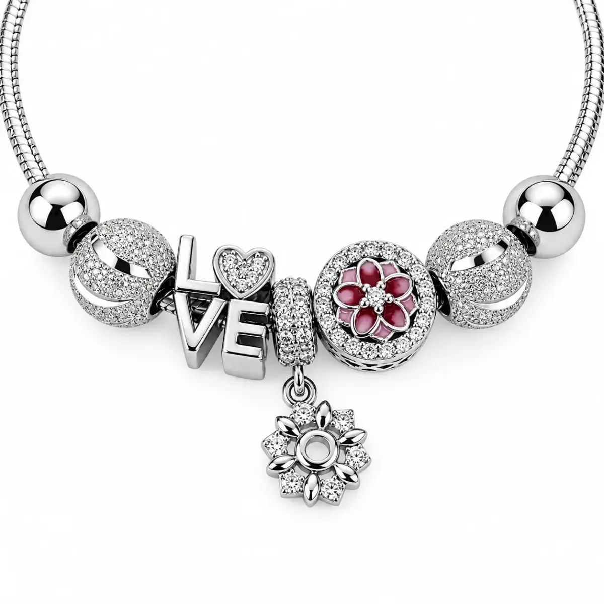Sterling Silver Pandora Style LOVE & Floral Charm Bracelet – 17.5cm - SSPAN01