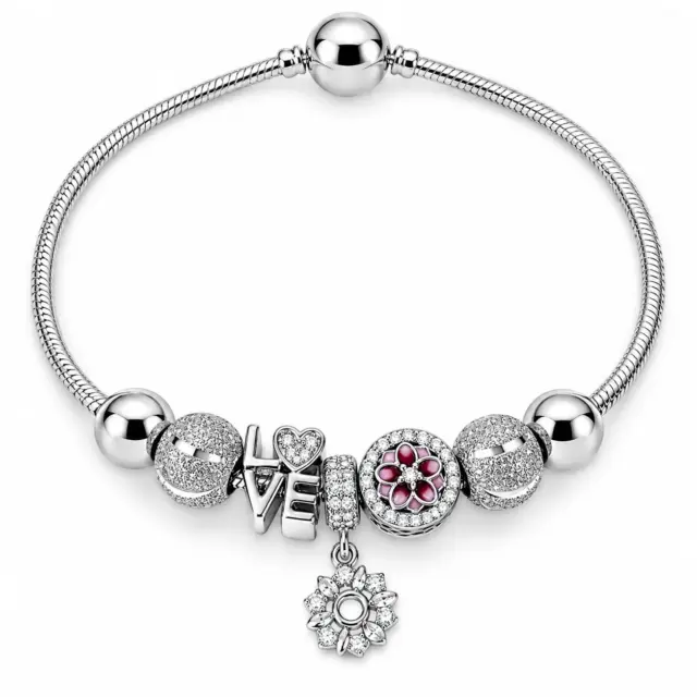 Sterling Silver Pandora Style LOVE & Floral Charm Bracelet – 17.5cm - SSPAN01