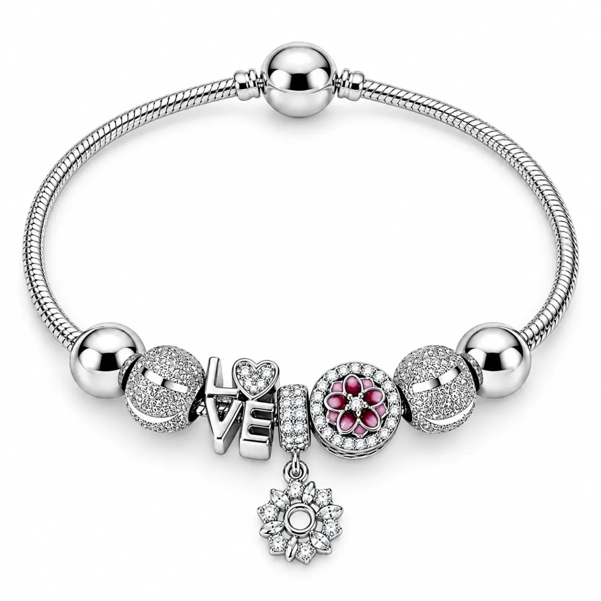 Sterling Silver Pandora Style LOVE & Floral Charm Bracelet – 17.5cm - SSPAN01