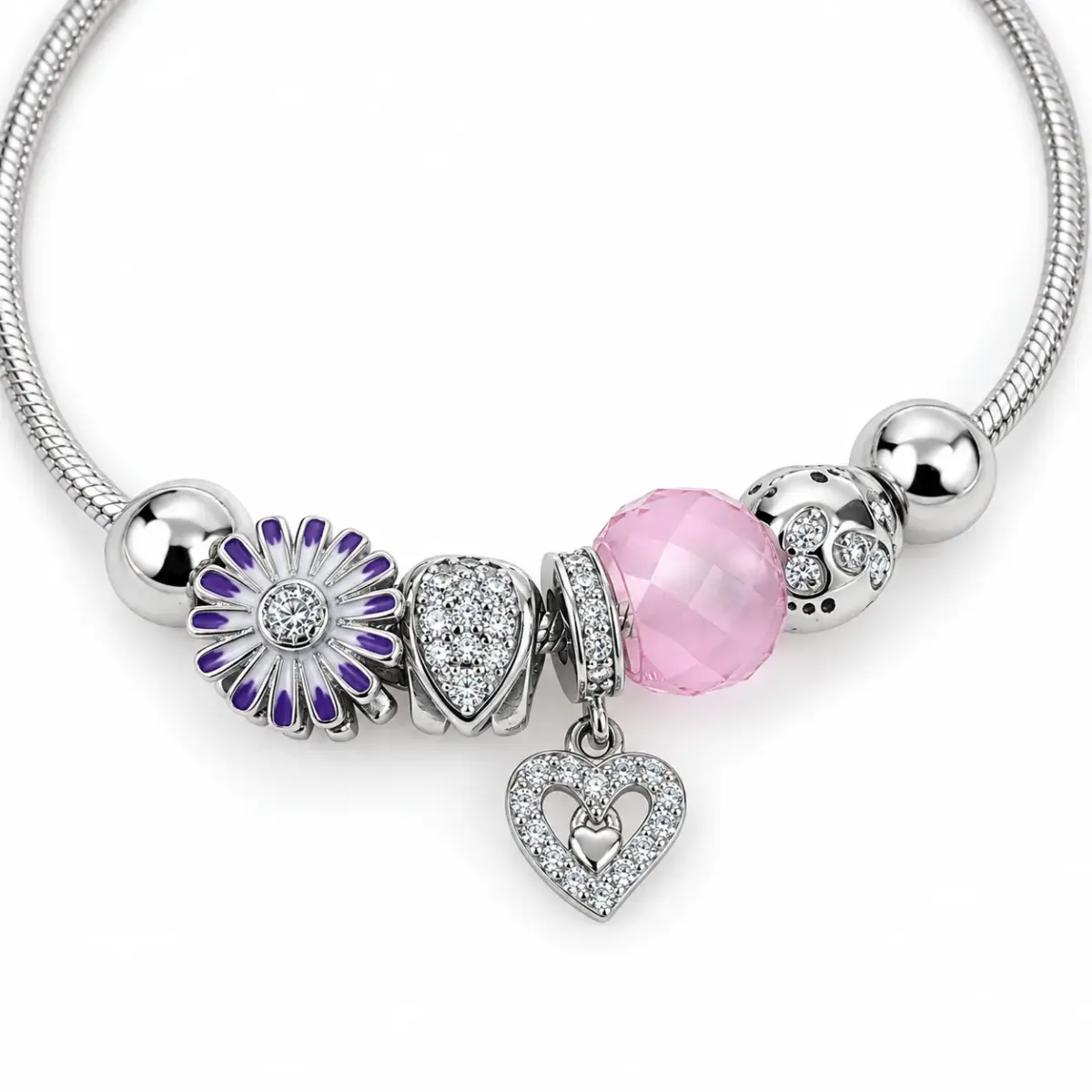 Sterling Silver Pink Heart & Purple Flower Pandora-Style Charm Bracelet – 17.50cm - SSPAN05
