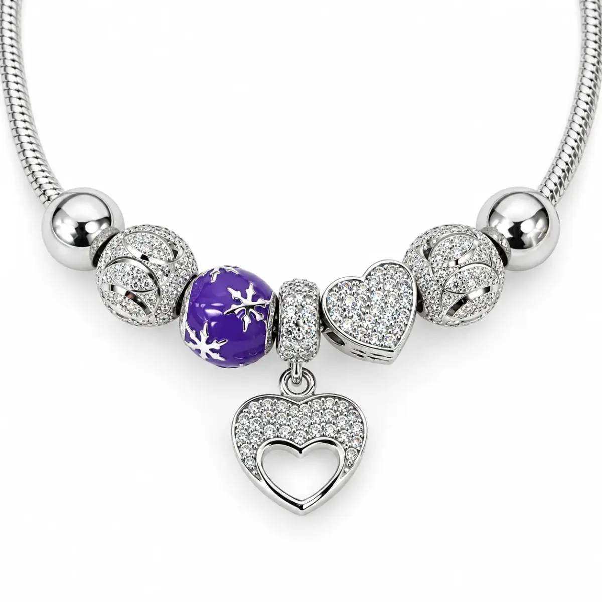 Sterling Silver Pink Heart & Purple Flower Pandora-Style Charm Bracelet – 17.50cm - SSPAN06