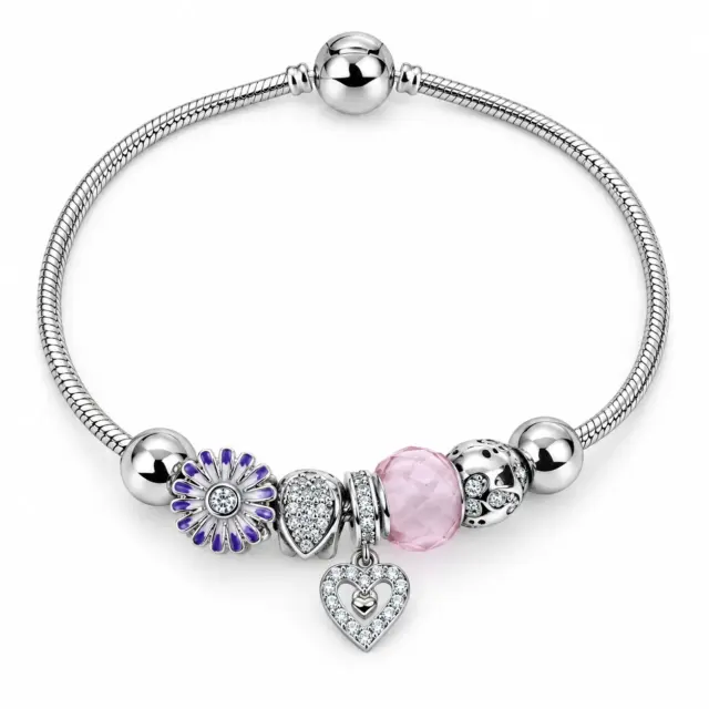 Sterling Silver Pink Heart & Purple Flower Pandora-Style Charm Bracelet – 17.50cm - SSPAN05