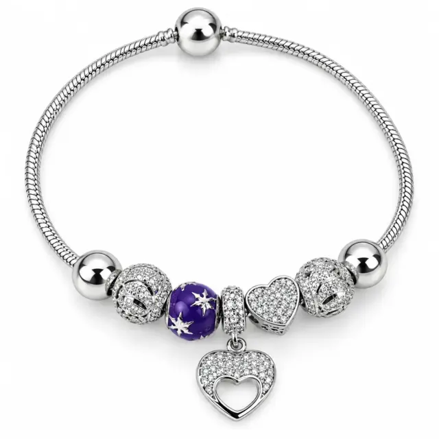 Sterling Silver Pink Heart & Purple Flower Pandora-Style Charm Bracelet – 17.50cm - SSPAN06