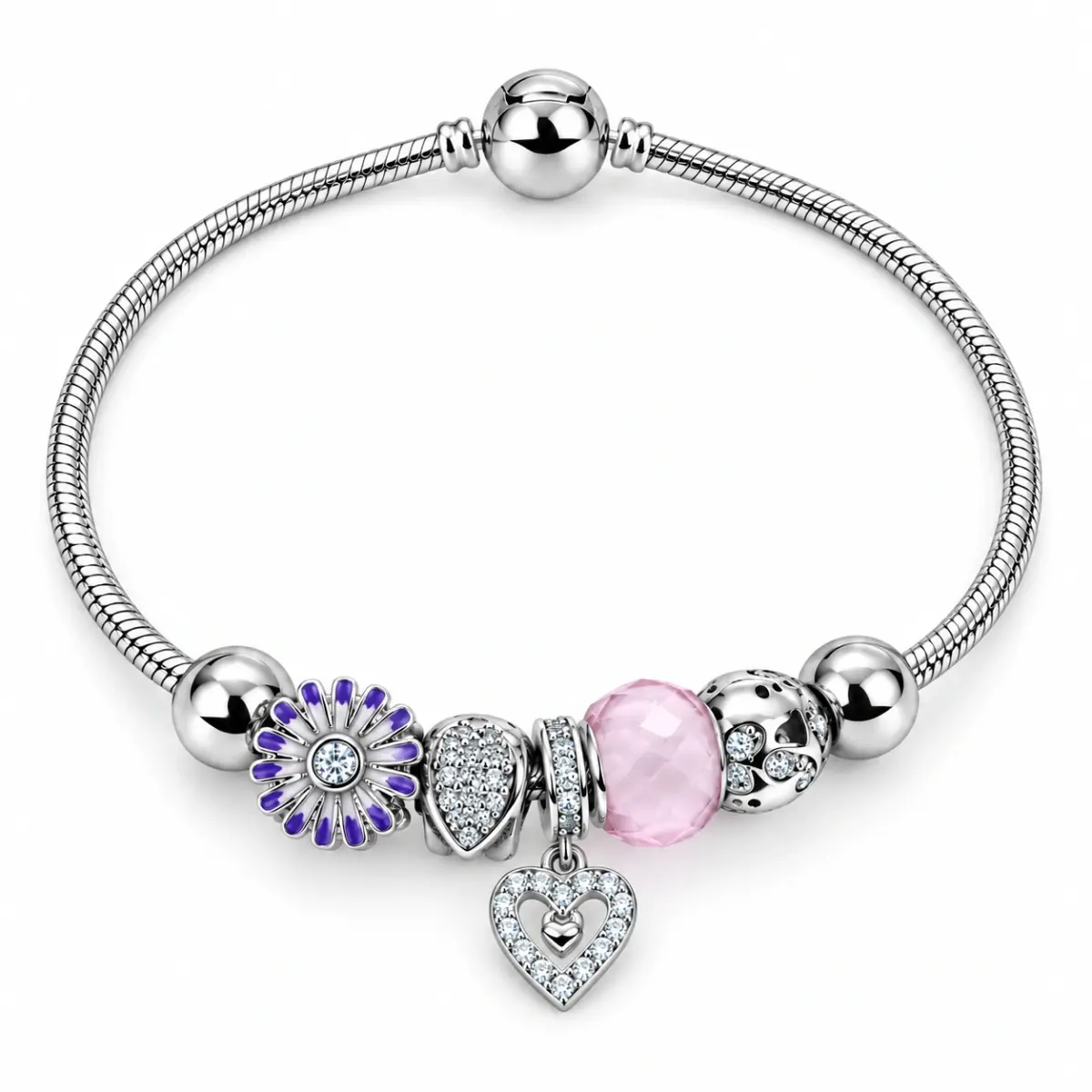 Sterling Silver Pink Heart & Purple Flower Pandora-Style Charm Bracelet – 17.50cm - SSPAN05
