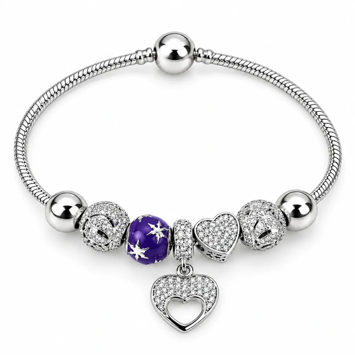 Sterling Silver Pink Heart & Purple Flower Pandora-Style Charm Bracelet – 17.50cm - SSPAN06