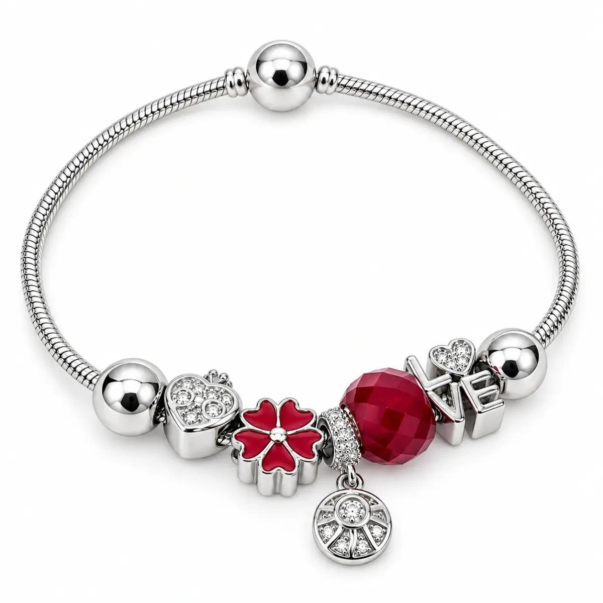 Sterling Silver Red Flower, Heart & LOVE Pandora-Style Charm Bracelet – 17.5cm - SSPAN03