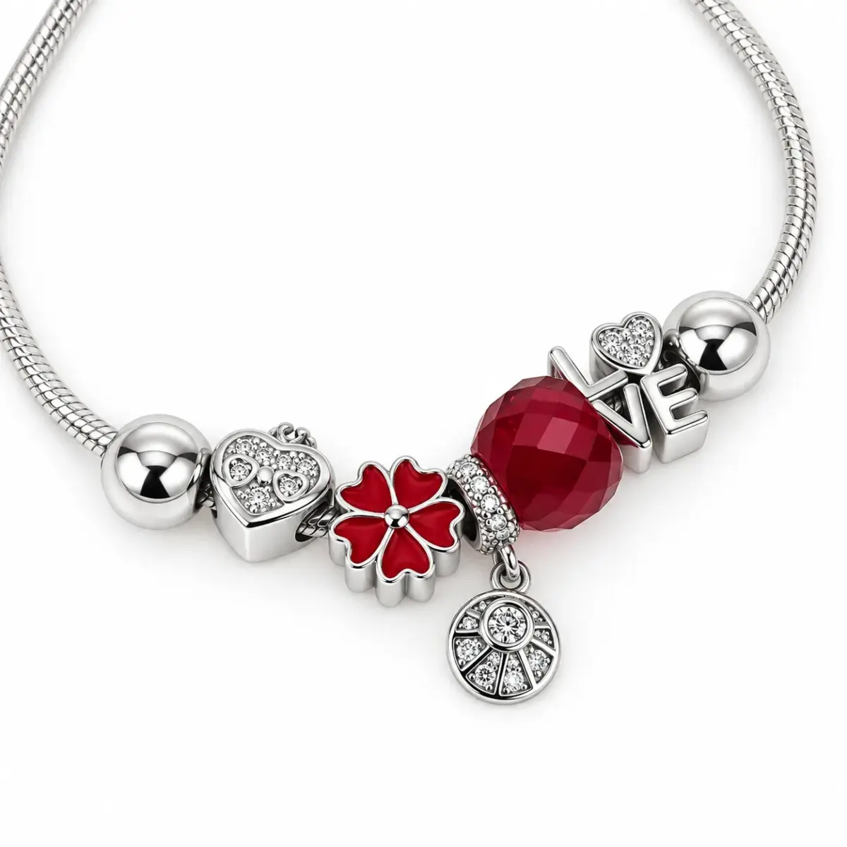 Sterling Silver Red Flower, Heart & LOVE Pandora-Style Charm Bracelet – 17.5cm - SSPAN03