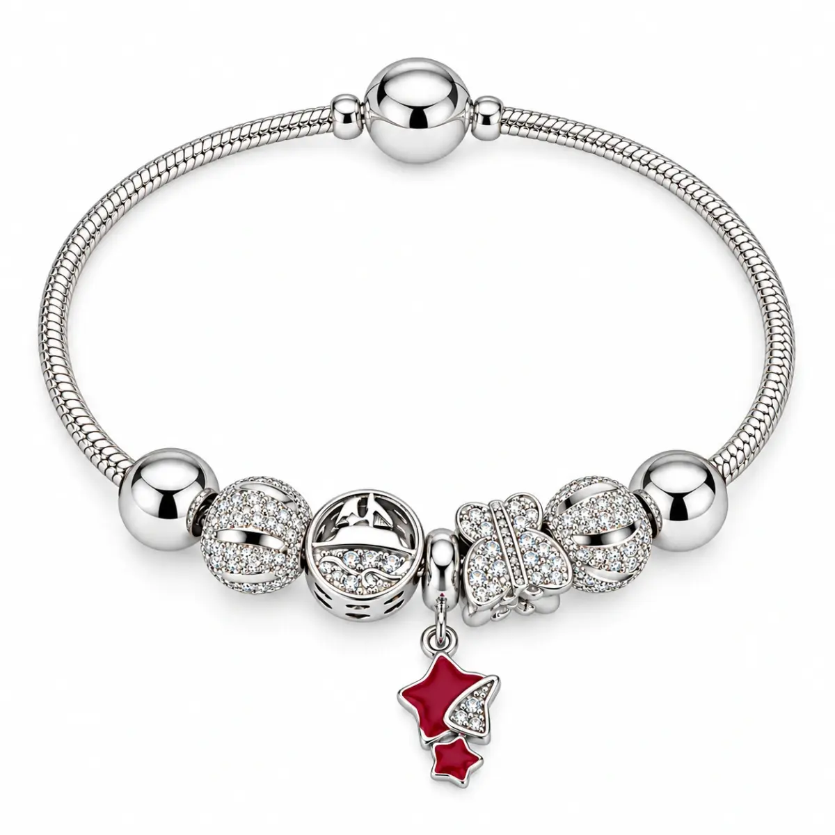 Sterling Silver Red Star & Butterfly Pandora Style Charm Bracelet – 17.5cm - SSPAN02