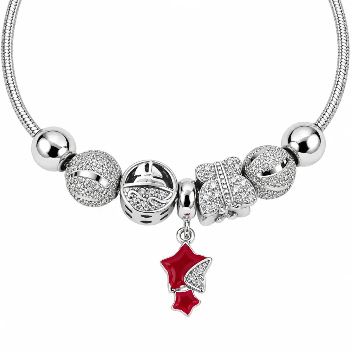 Sterling Silver Red Star & Butterfly Pandora Style Charm Bracelet – 17.5cm - SSPAN02