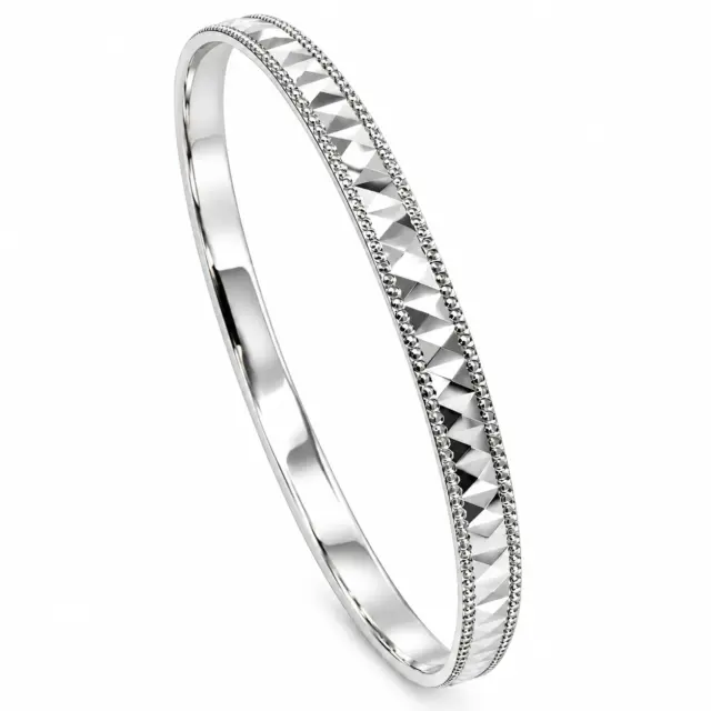 Sterling Silver Solid Faceted Centre & Milled Edge Bangle – 4.00mm - PT2382