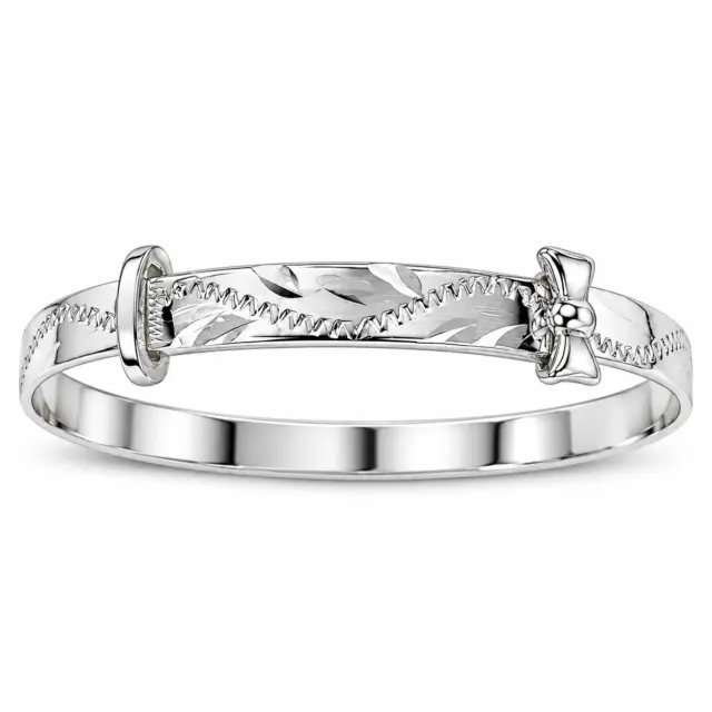 Sterling Silver Teen Expandable Bangle with Diamond-Cut Engraving & Bow - STNEXEN-BOW