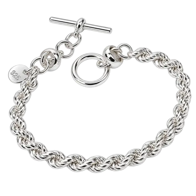 Sterling Silver Rope Design Bracelet – 19cm | 10.40mm Wide | T-Bar & Ring Clasp | Made in Italy - 5B0048-19