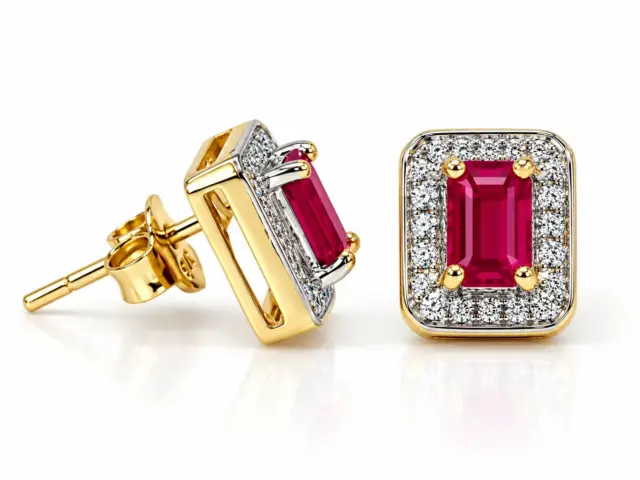 9ct Yellow Gold Natural Emerald Cut Ruby & Diamond Halo Stud Earrings – 8.50mm x 7.30mm - 5ER0574