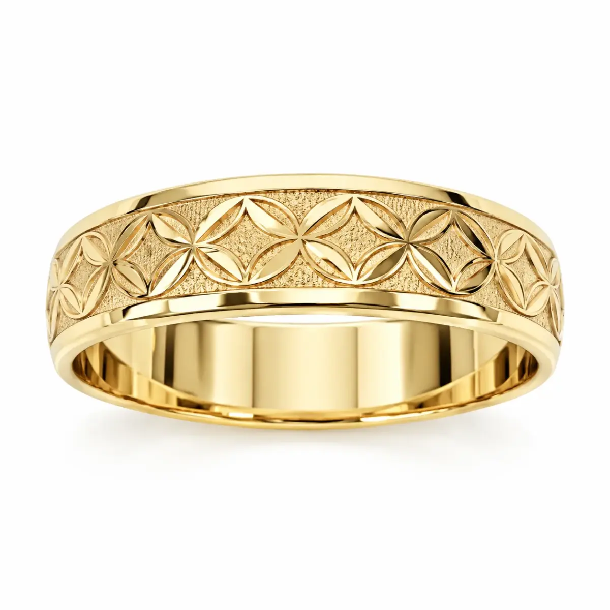 6mm Half Round Gold Band Ring with Laser Engraved Polynesian Floral Motifs – 9YHRB5247-6