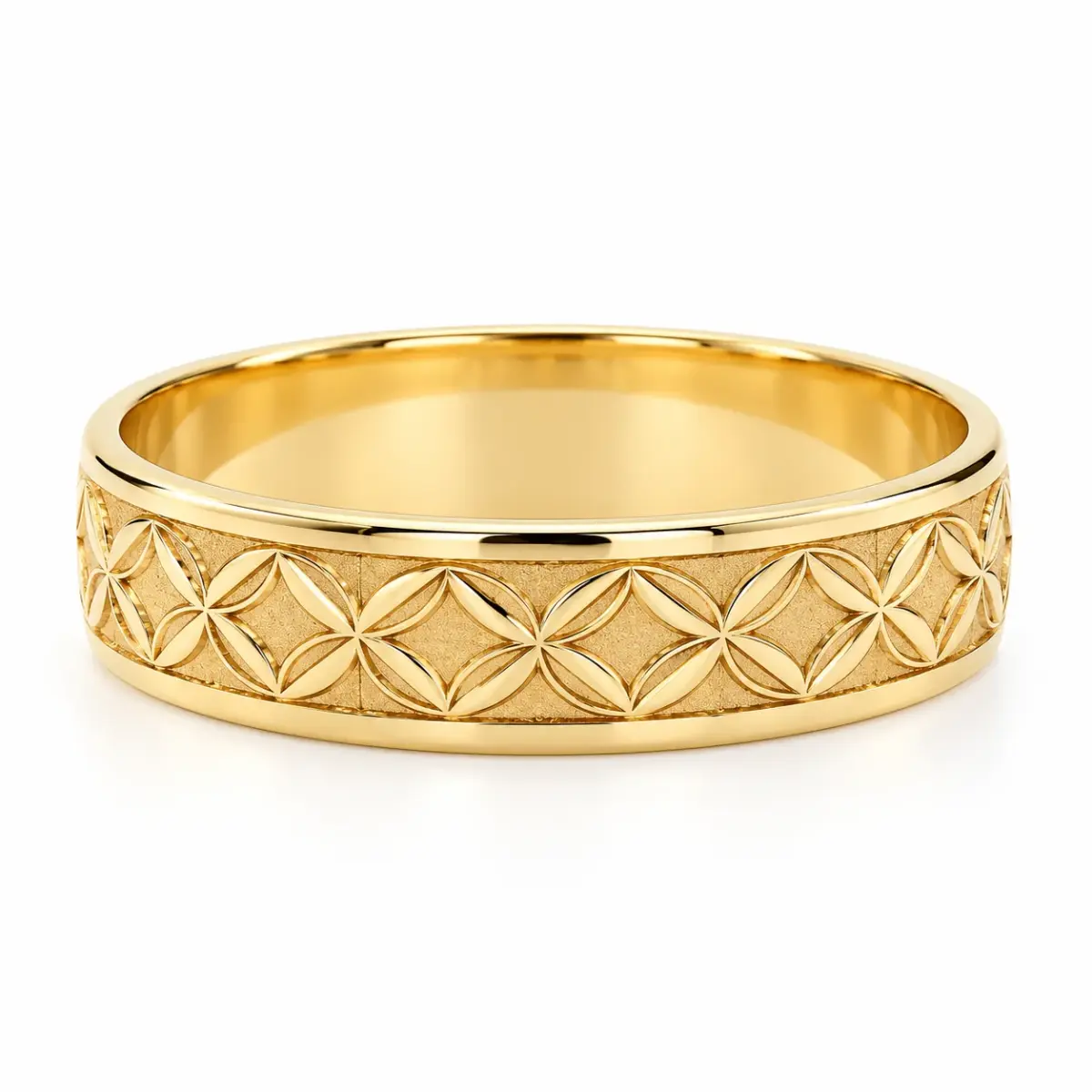 6mm Half Round Gold Band Ring with Laser Engraved Polynesian Floral Motifs – 9YHRB5247-6
