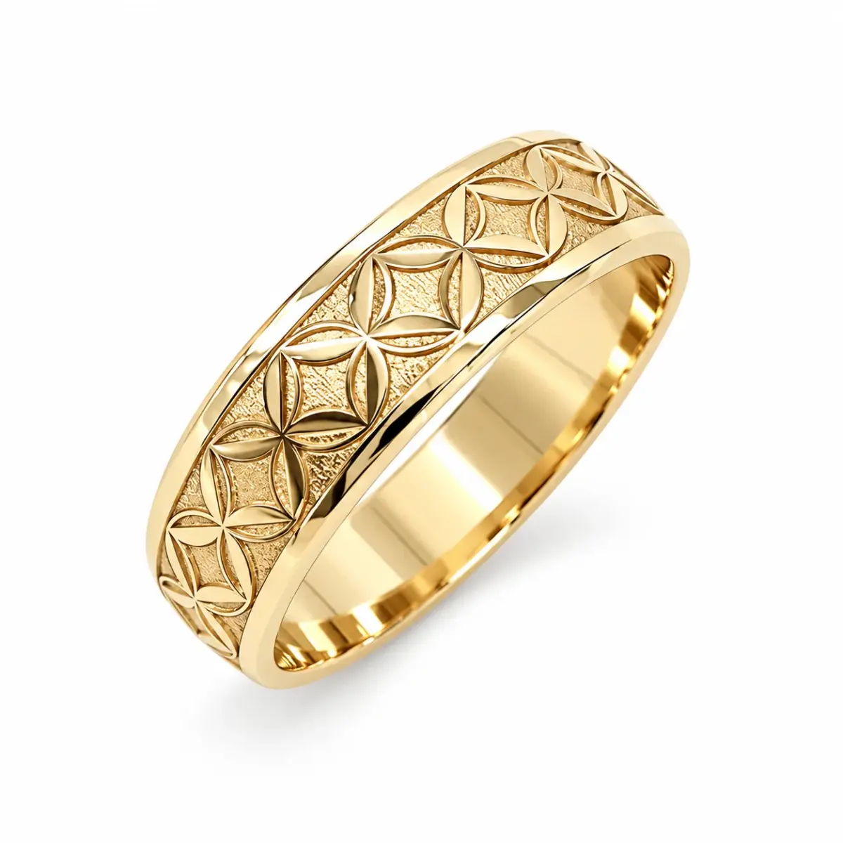 6mm Half Round Gold Band Ring with Laser Engraved Polynesian Floral Motifs – 9YHRB5247-6