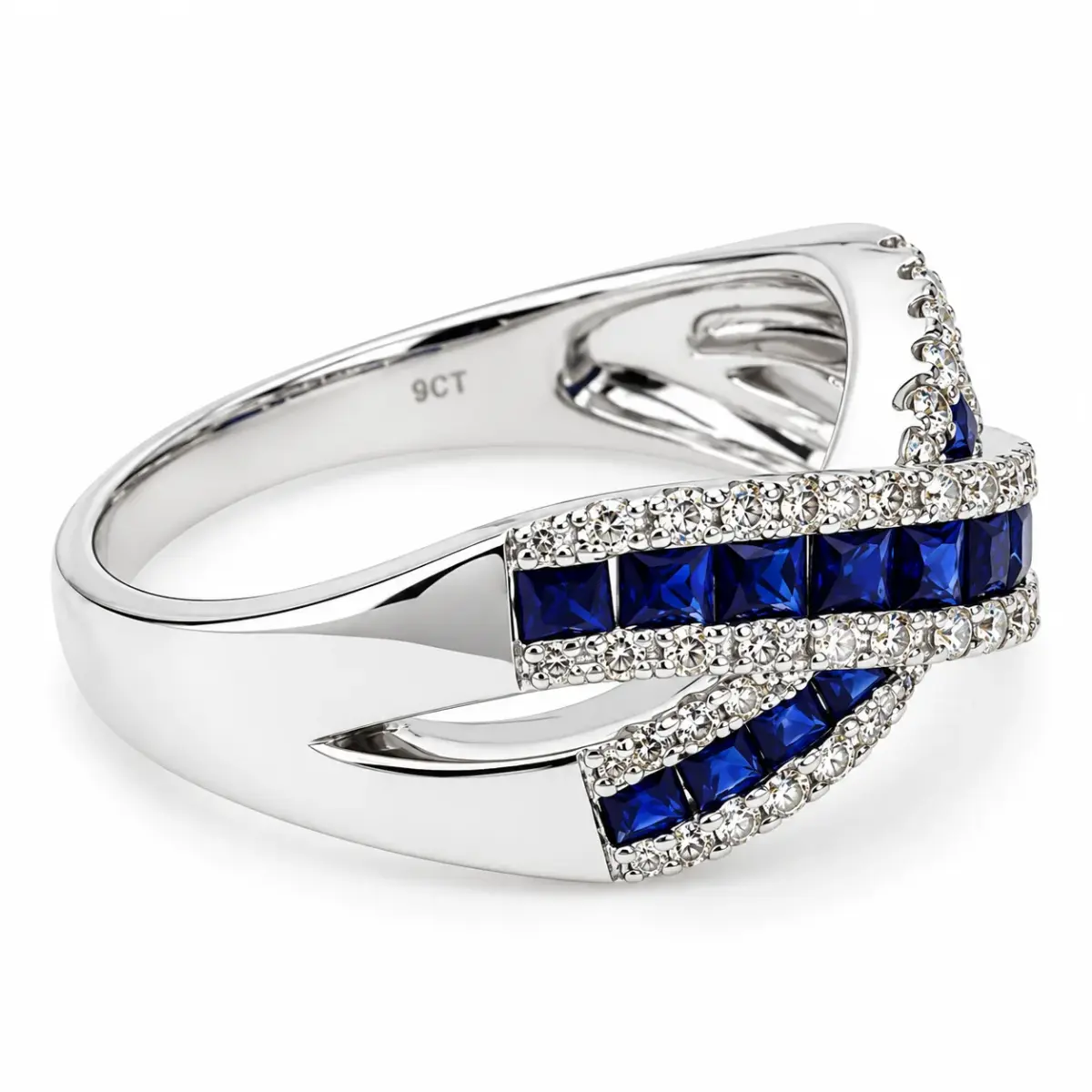 9ct White Gold Blue Sapphire & Natural Diamond Crossover Ring – 1.24ct Total Gemstone Weight - 9YCYR2537
