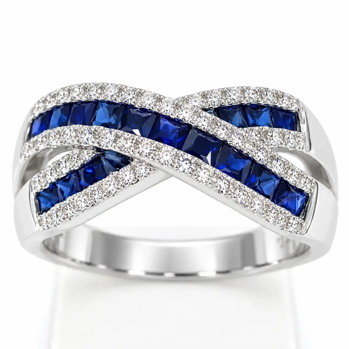 9ct White Gold Blue Sapphire & Natural Diamond Crossover Ring – 1.24ct Total Gemstone Weight - 9YCYR2537