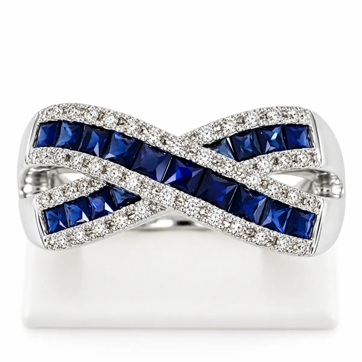 9ct White Gold Blue Sapphire & Natural Diamond Crossover Ring – 1.24ct Total Gemstone Weight - 9YCYR2537