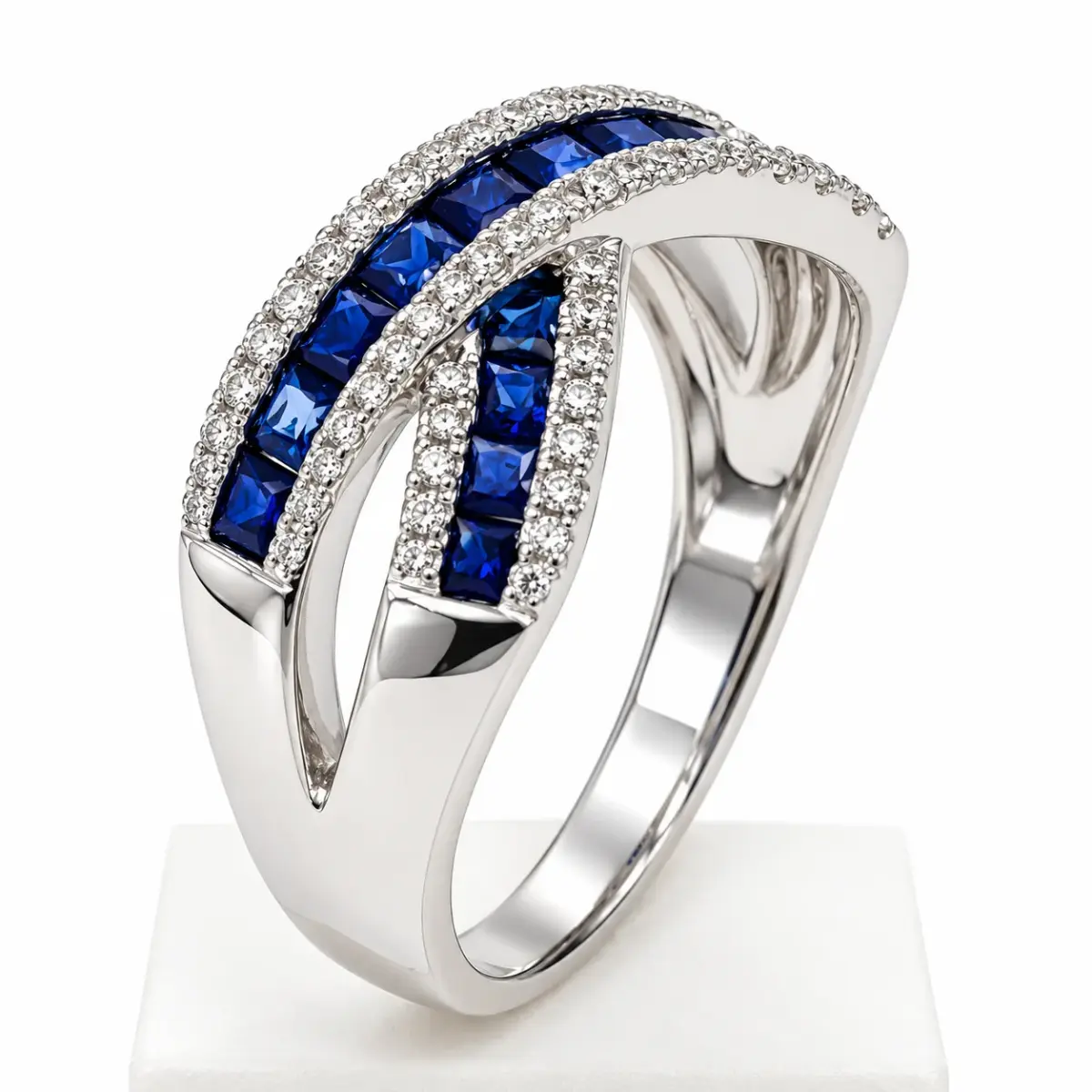 9ct White Gold Blue Sapphire & Natural Diamond Crossover Ring – 1.24ct Total Gemstone Weight - 9YCYR2537