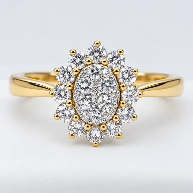 9ct Yellow Gold 0.55ct Lab Grown Diamond Oval Cluster Halo Ring – E/F Colour, VS Clarity - AURG809