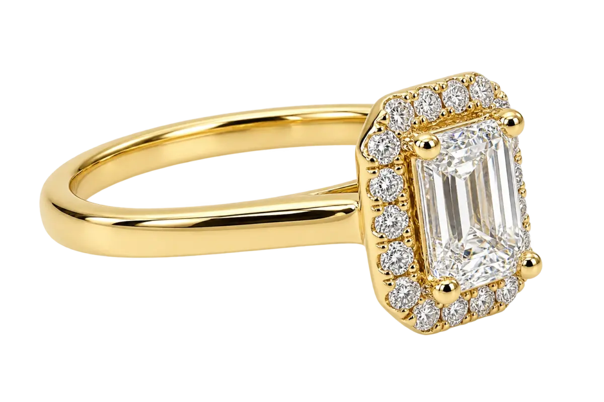 9ct Yellow Gold 1.88ct TDW Lab Grown Diamond Emerald Cut Halo Engagement Ring – E Colour, VS1 Clarity - AURG860