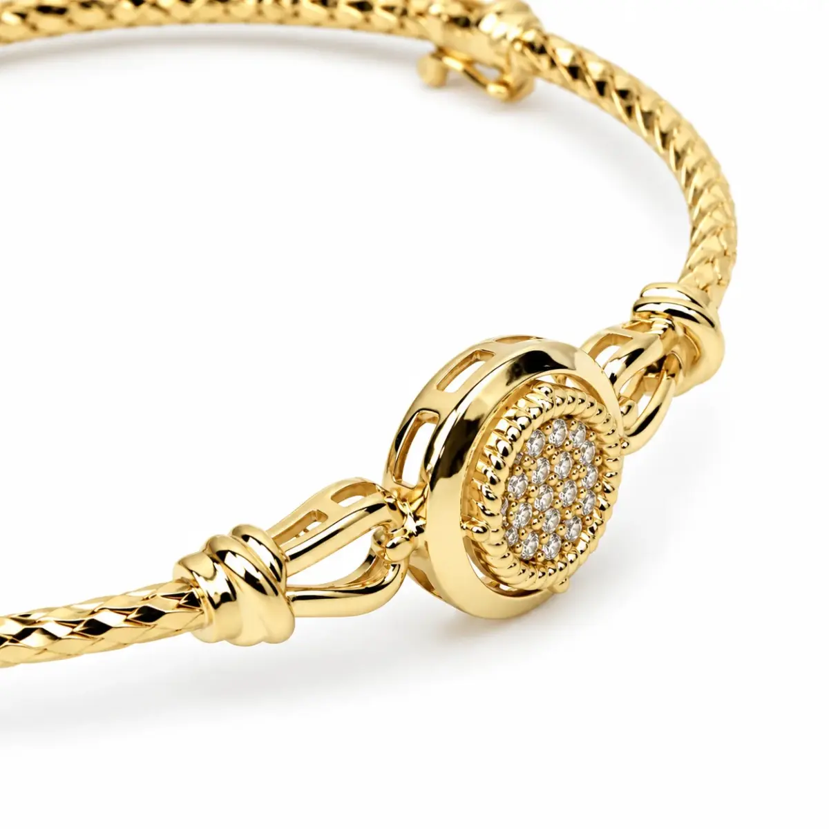 9ct Yellow Gold 2mm Faceted Oval Hinged Bangle with 10mm CZ Circle – 60mm x 52mm – Made in Italy - 9KBA147