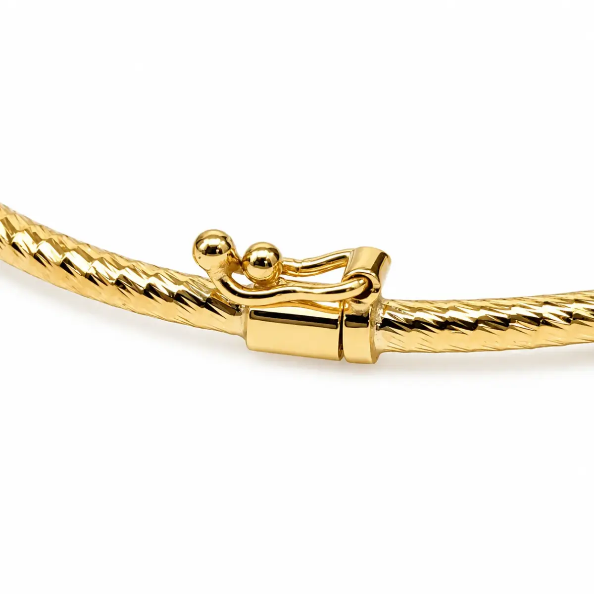 9ct Yellow Gold 2mm Faceted Oval Hinged Bangle with 10mm CZ Circle – 60mm x 52mm – Made in Italy - 9KBA147