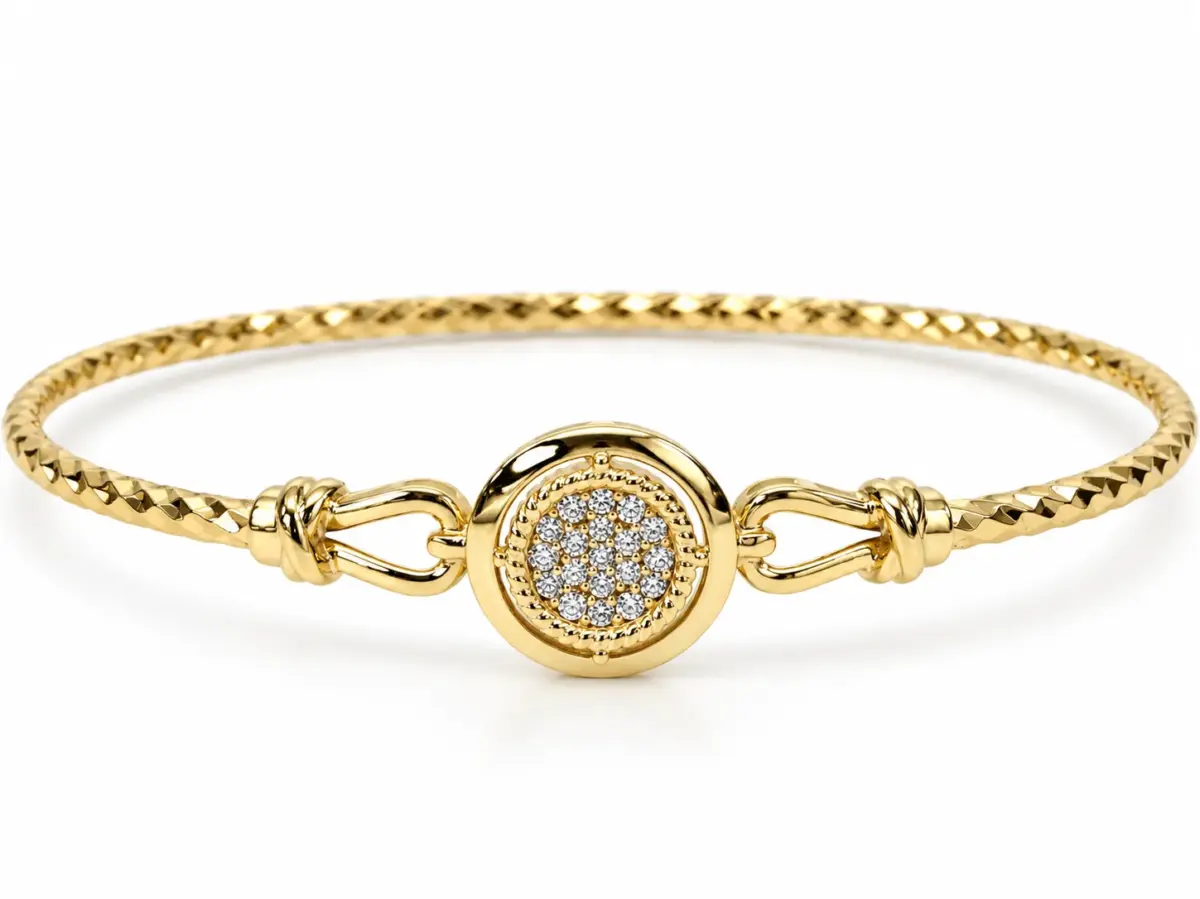 9ct Yellow Gold 2mm Faceted Oval Hinged Bangle with 10mm CZ Circle – 60mm x 52mm – Made in Italy - 9KBA147