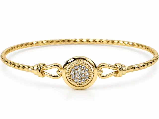 9ct Yellow Gold 2mm Faceted Oval Hinged Bangle with 10mm CZ Circle – 60mm x 52mm – Made in Italy - 9KBA147