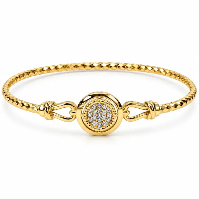 9ct Yellow Gold 2mm Faceted Oval Hinged Bangle with 10mm CZ Circle – 60mm x 52mm – Made in Italy - 9KBA147