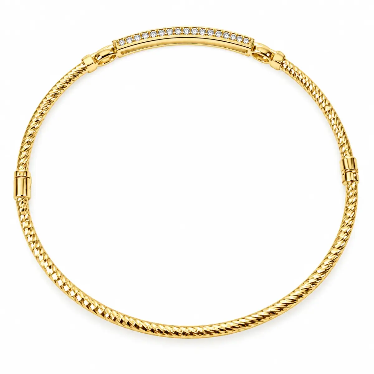 9ct Yellow Gold 2mm Twist Oval Hinged Bangle with CZ Pavé Bar – 60mm x 52mm – Made in Italy - 9KBA145