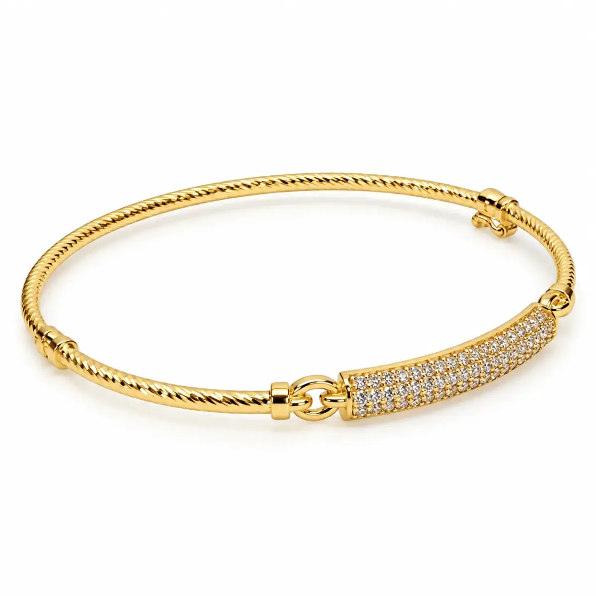 9ct Yellow Gold 2mm Twist Oval Hinged Bangle with CZ Pavé Bar – 60mm x 52mm – Made in Italy - 9KBA145