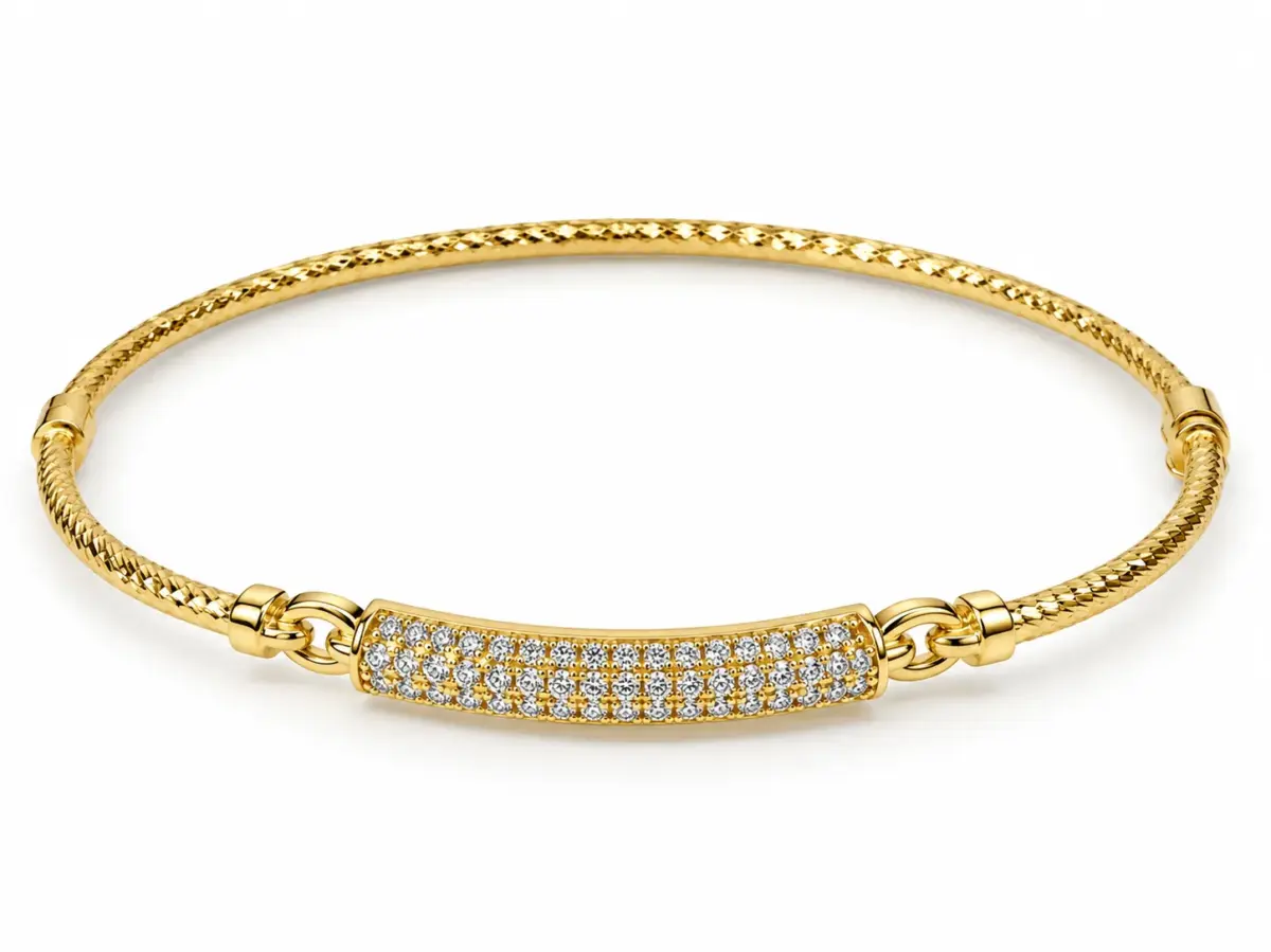 9ct Yellow Gold 2mm Twist Oval Hinged Bangle with CZ Pavé Bar – 60mm x 52mm – Made in Italy - 9KBA145