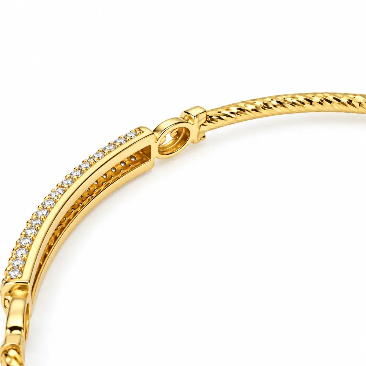 9ct Yellow Gold 2mm Twist Oval Hinged Bangle with CZ Pavé Bar – 60mm x 52mm – Made in Italy - 9KBA145
