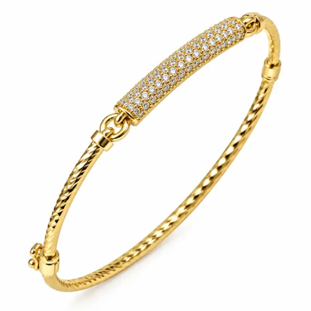 9ct Yellow Gold 2mm Twist Oval Hinged Bangle with CZ Pavé Bar – 60mm x 52mm – Made in Italy - 9KBA145