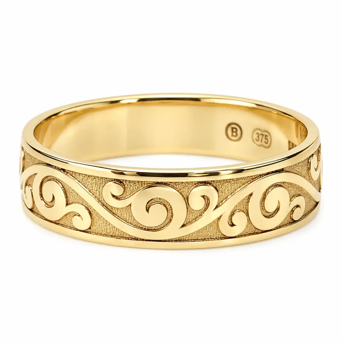 9ct Yellow Gold 6mm Laser Engraved Scrollwork Half Round Wedding Band - 9YHR5252-6
