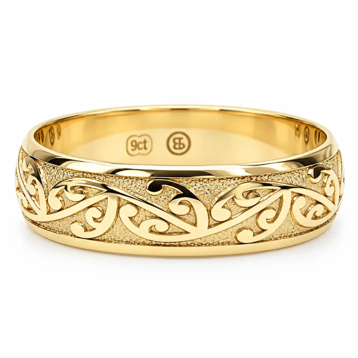 9ct Yellow Gold 6mm Māori-Inspired Koru Laser Engraved Half Round Wedding Band - 9YHD5258-6