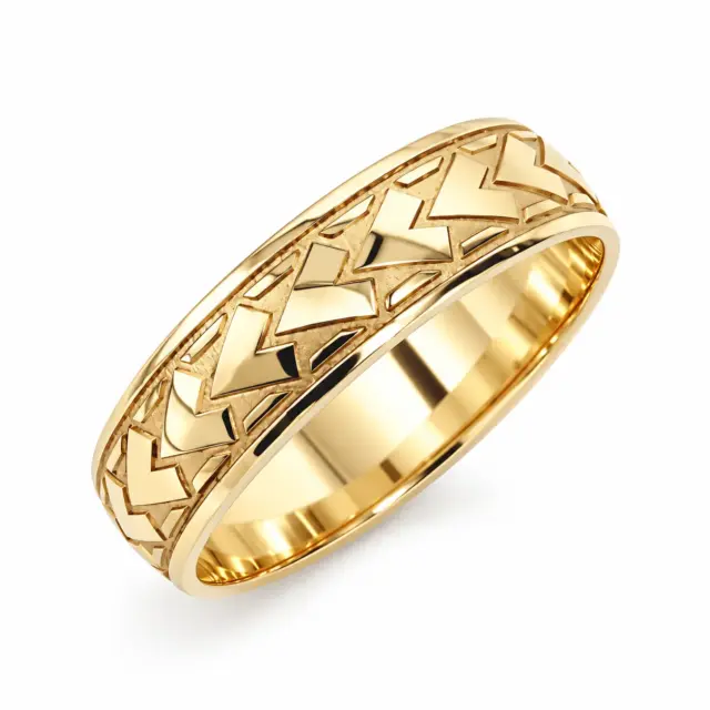 9ct Yellow Gold 6mm Polynesian-Inspired Geometric Chevron Laser Engraved Half Round Wedding Band - 9YHR5258-6