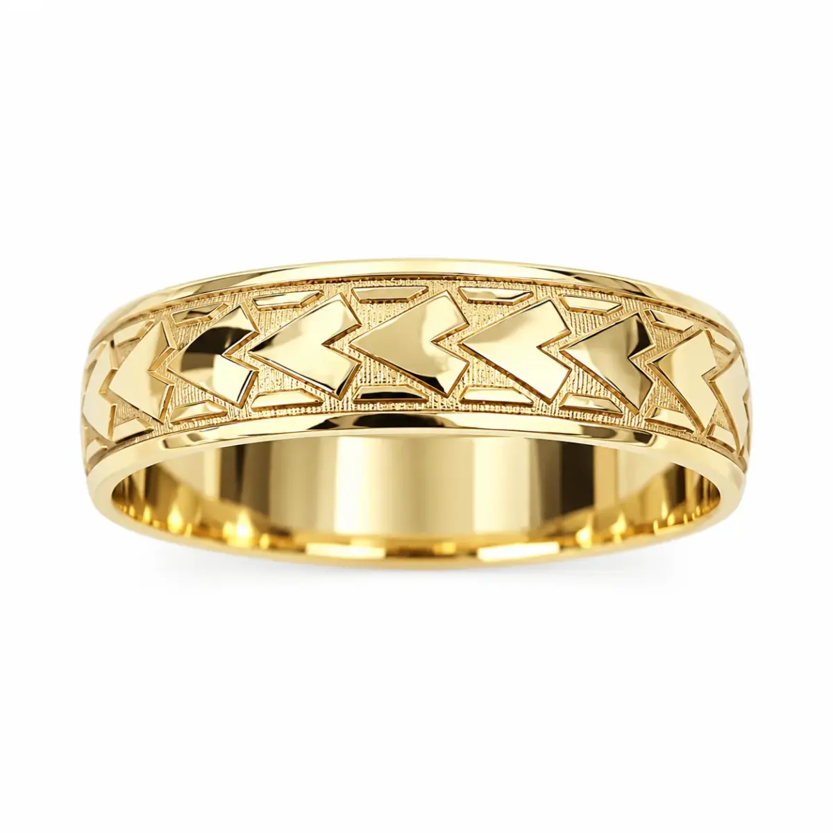 9ct Yellow Gold 6mm Polynesian-Inspired Geometric Chevron Laser Engraved Half Round Wedding Band - 9YHR5258-6
